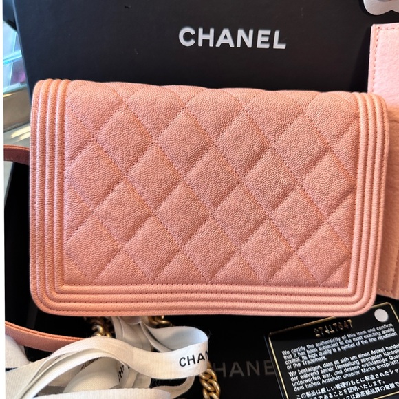 💯🥰❤️ CHANEL Caviar Quilted Boy Wallet On Chain WOC Pink - Picture 3 of 16